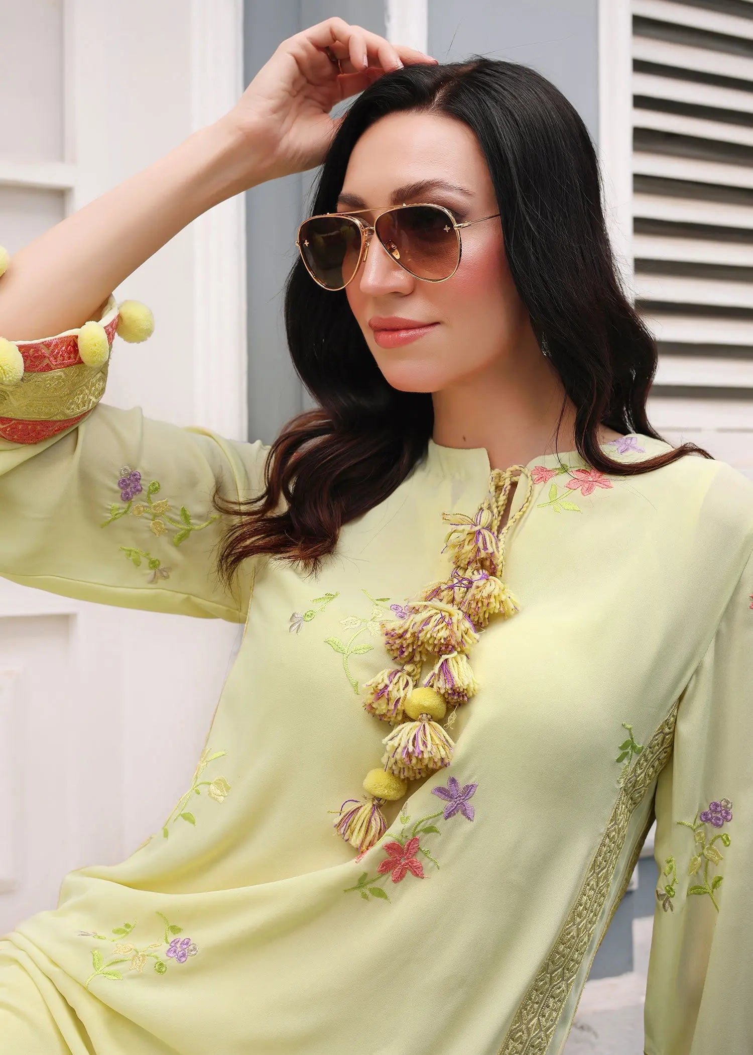 Pastel Yellow Embroidered Georgette Salwar Kameez (2-Piece) - Image 7