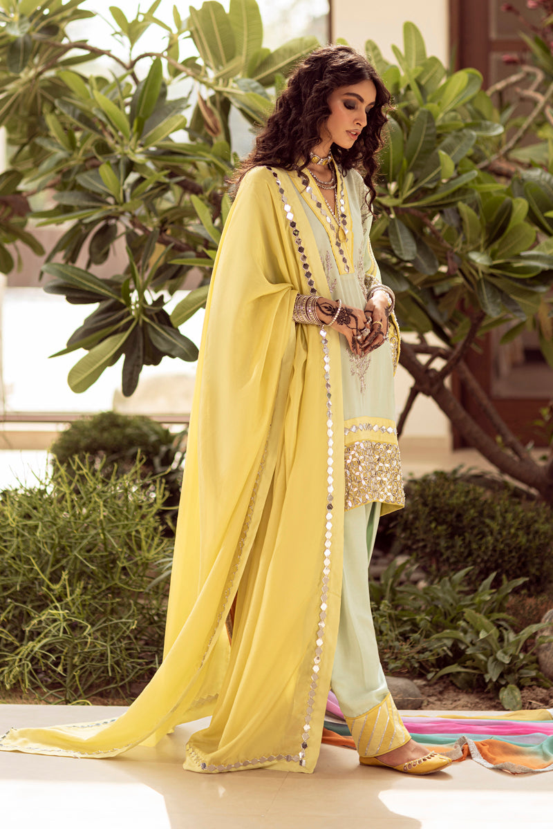 Pakistani Tender Yellow & Brook Green Embroidered Georgette Salwar Kameez (3-Piece) - Image 2
