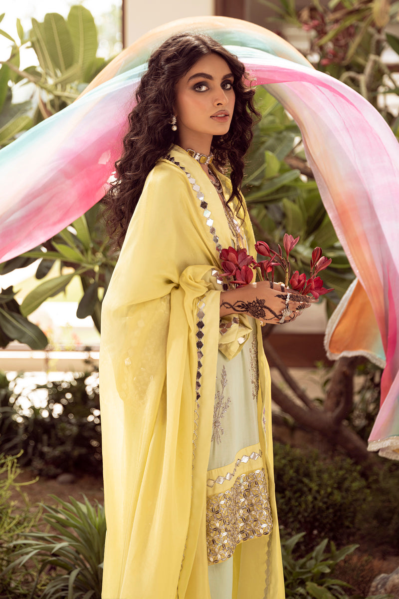 Pakistani Tender Yellow & Brook Green Embroidered Georgette Salwar Kameez (3-Piece) - Image 3