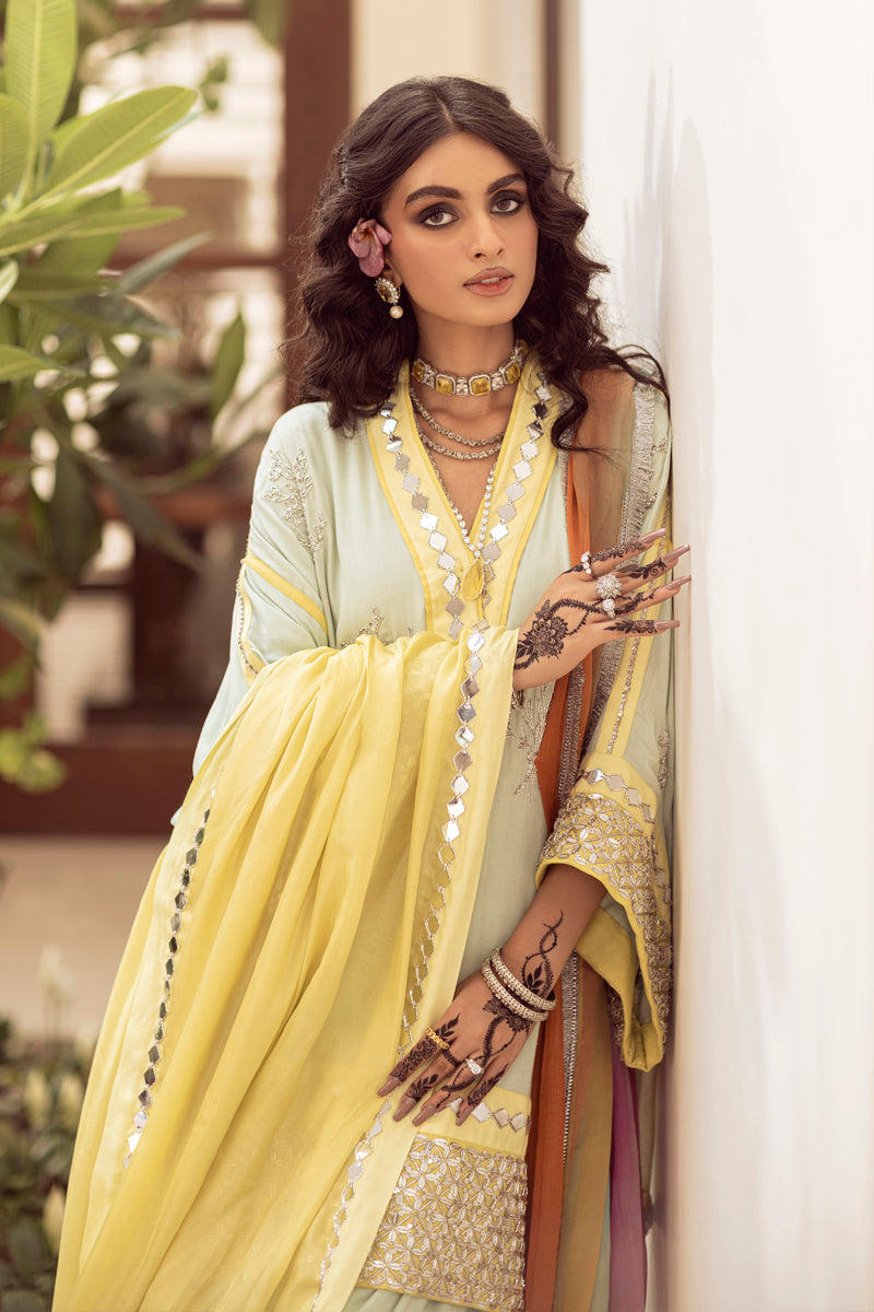 Pakistani Tender Yellow & Brook Green Embroidered Georgette Salwar Kameez (3-Piece) - Image 4