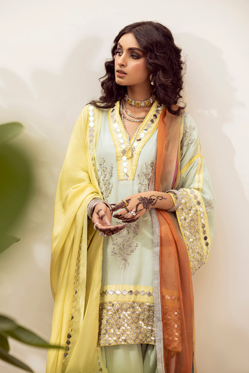 Pakistani Tender Yellow & Brook Green Embroidered Georgette Salwar Kameez (3-Piece) - Image 5