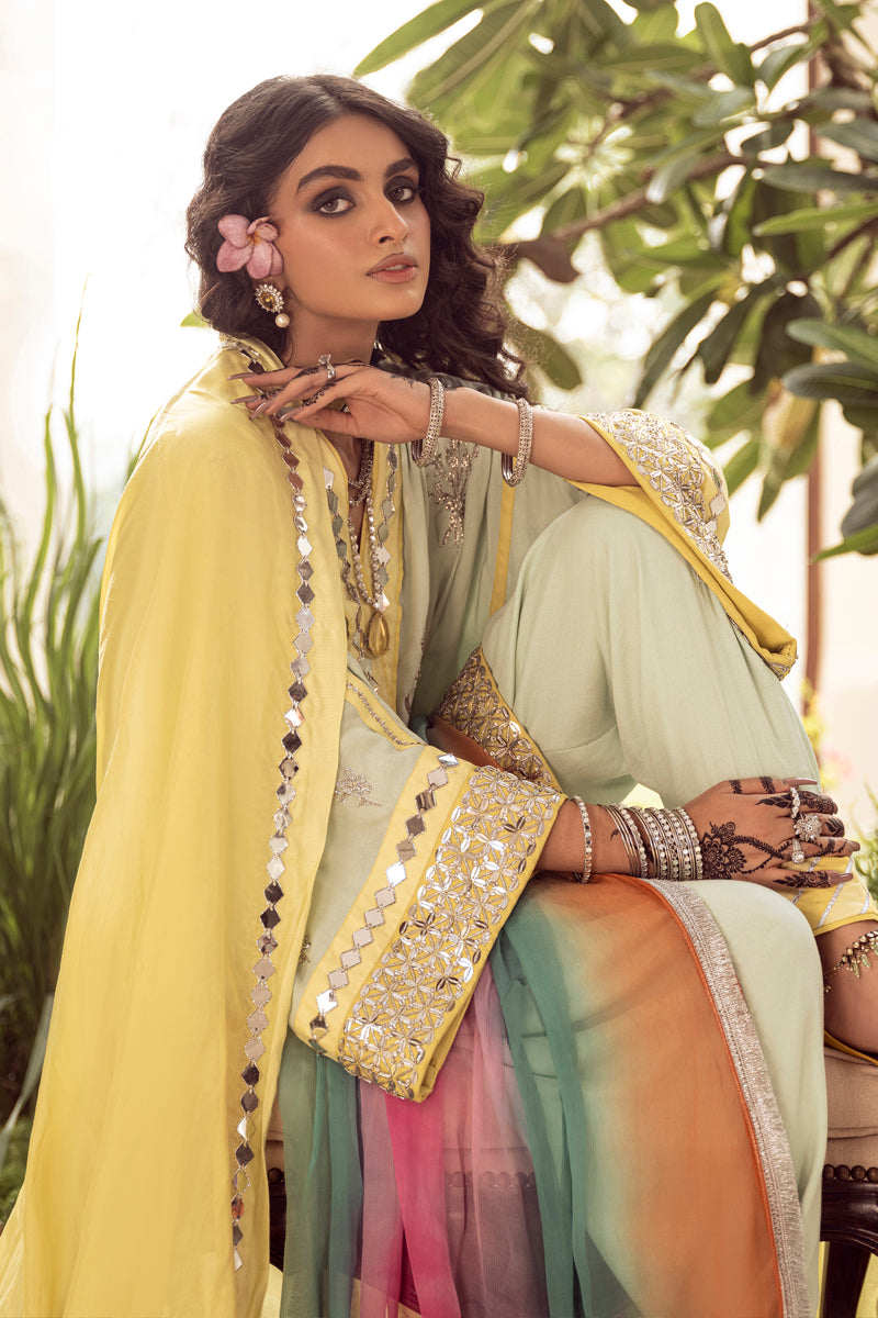 Pakistani Tender Yellow & Brook Green Embroidered Georgette Salwar Kameez (3-Piece) - Image 6