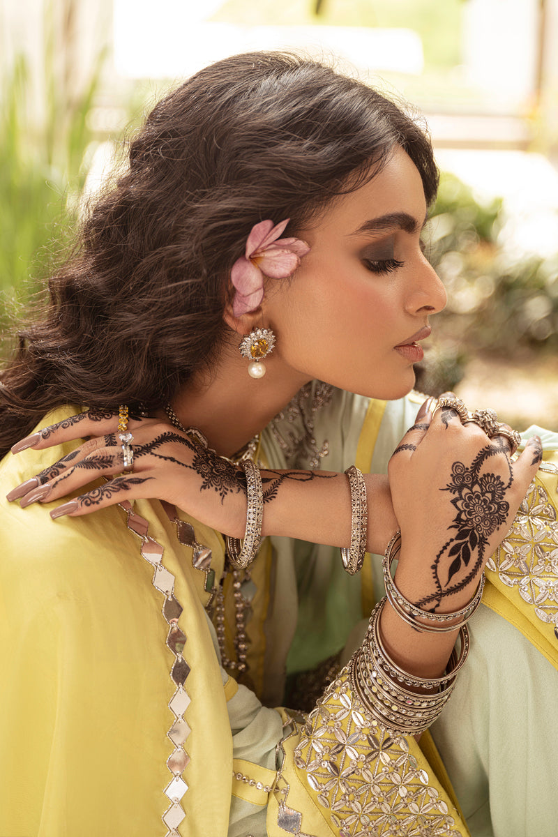 Pakistani Tender Yellow & Brook Green Embroidered Georgette Salwar Kameez (3-Piece) - Image 7