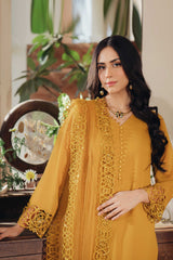 Pakistani Mustard Yellow Sequinned Cutwork Georgette Salwar Kameez (3-Piece) - Image 3