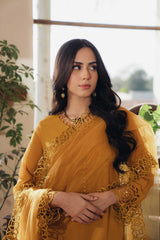 Pakistani Mustard Yellow Sequinned Cutwork Georgette Salwar Kameez (3-Piece) - Image 6