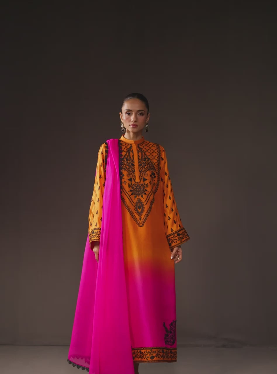 Yellow to Magenta Embroidered Georgette Salwar Kameez (3-Piece) - Image 7