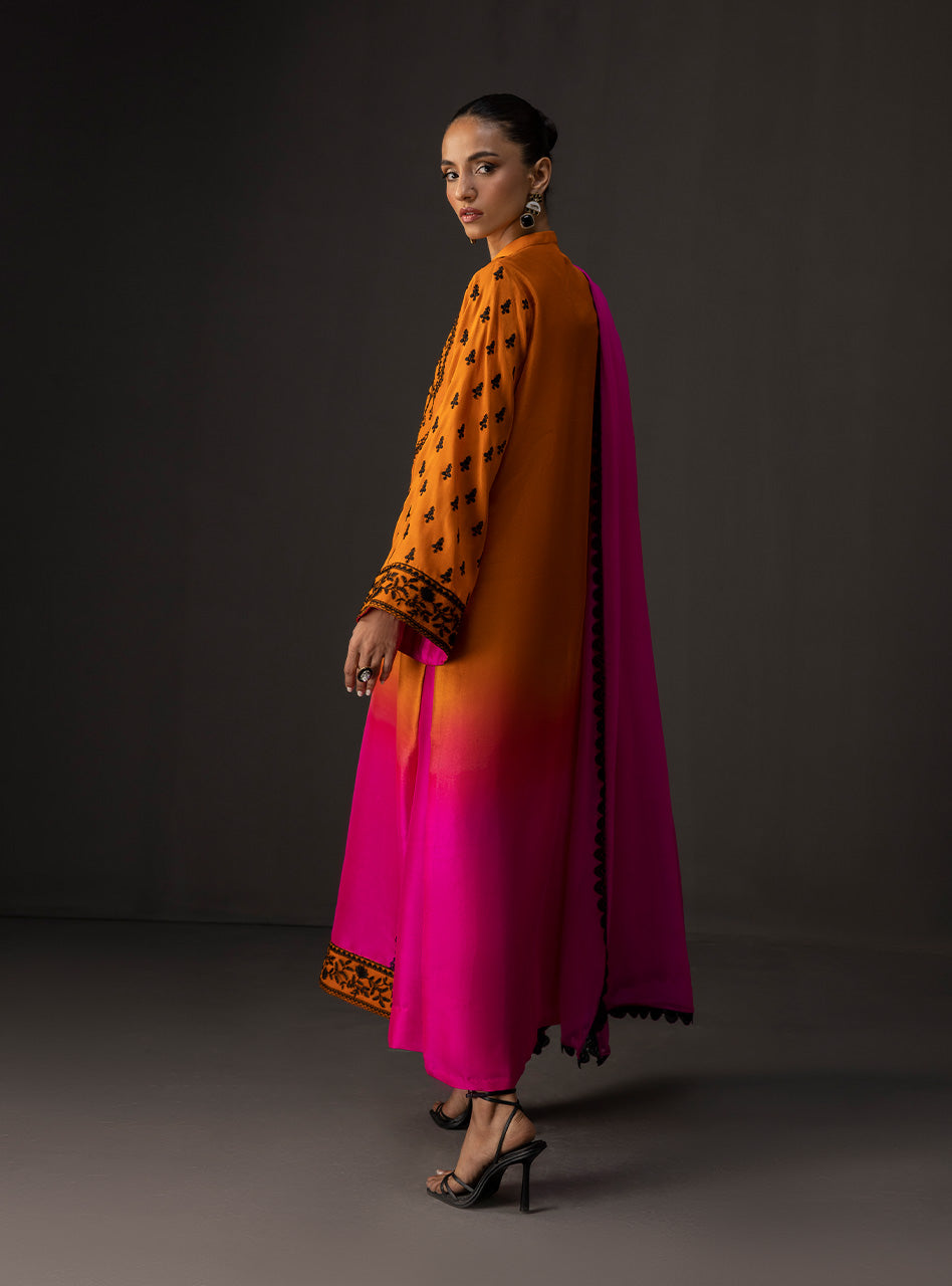 Pakistani Yellow to Magenta Embroidered Georgette Salwar Kameez (3-Piece) - Image 3