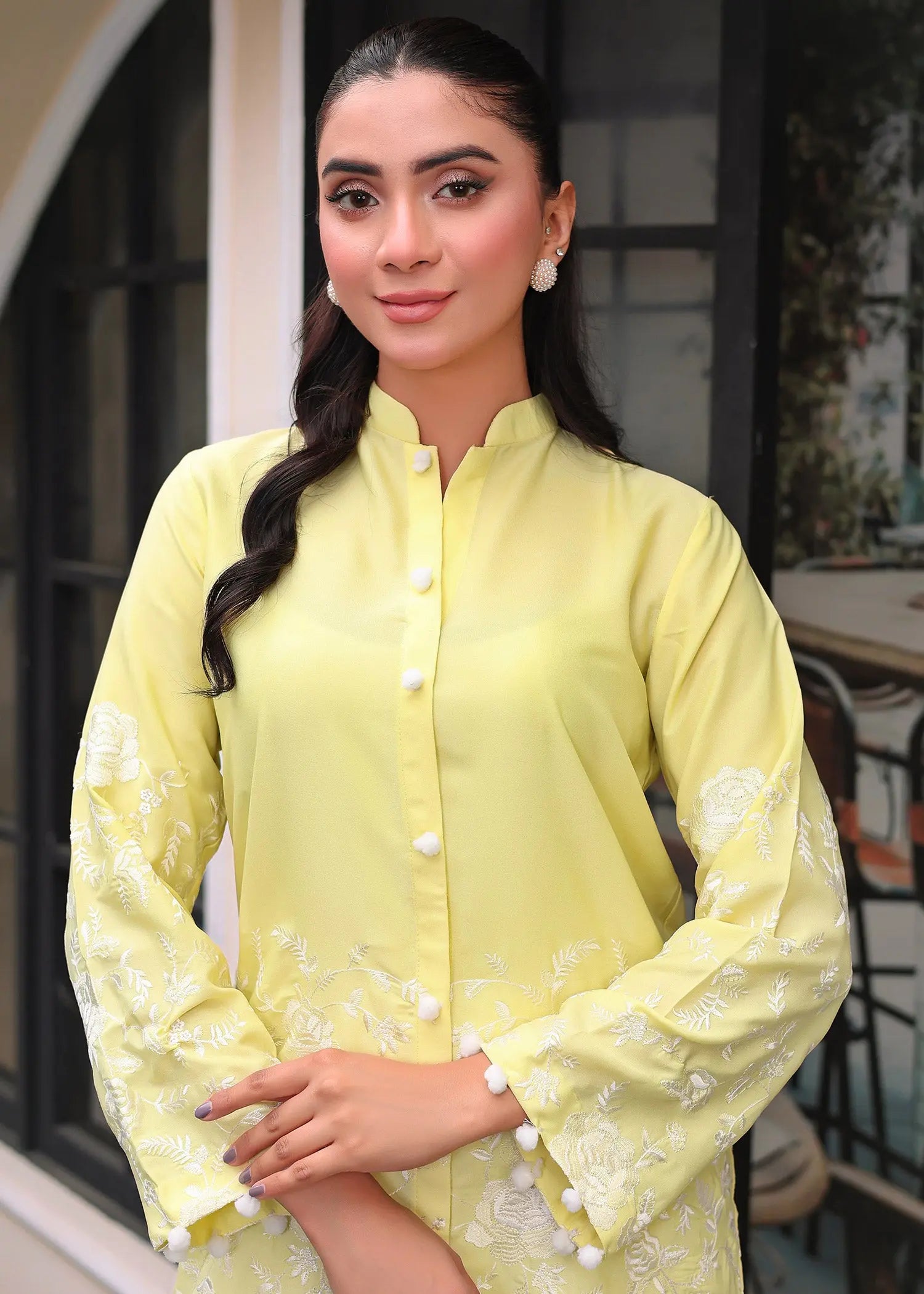 Pakistani Lemon Yellow Embroidered Georgette Salwar Kameez (2-Piece) - Image 2