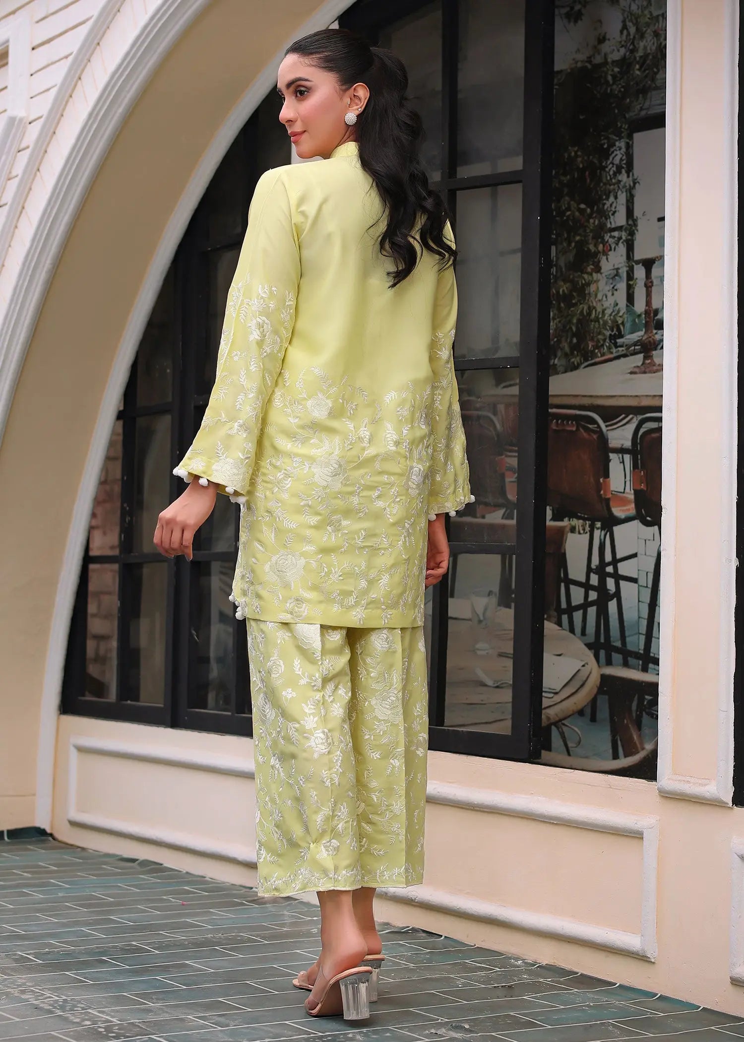 Pakistani Lemon Yellow Embroidered Georgette Salwar Kameez (2-Piece) - Image 3