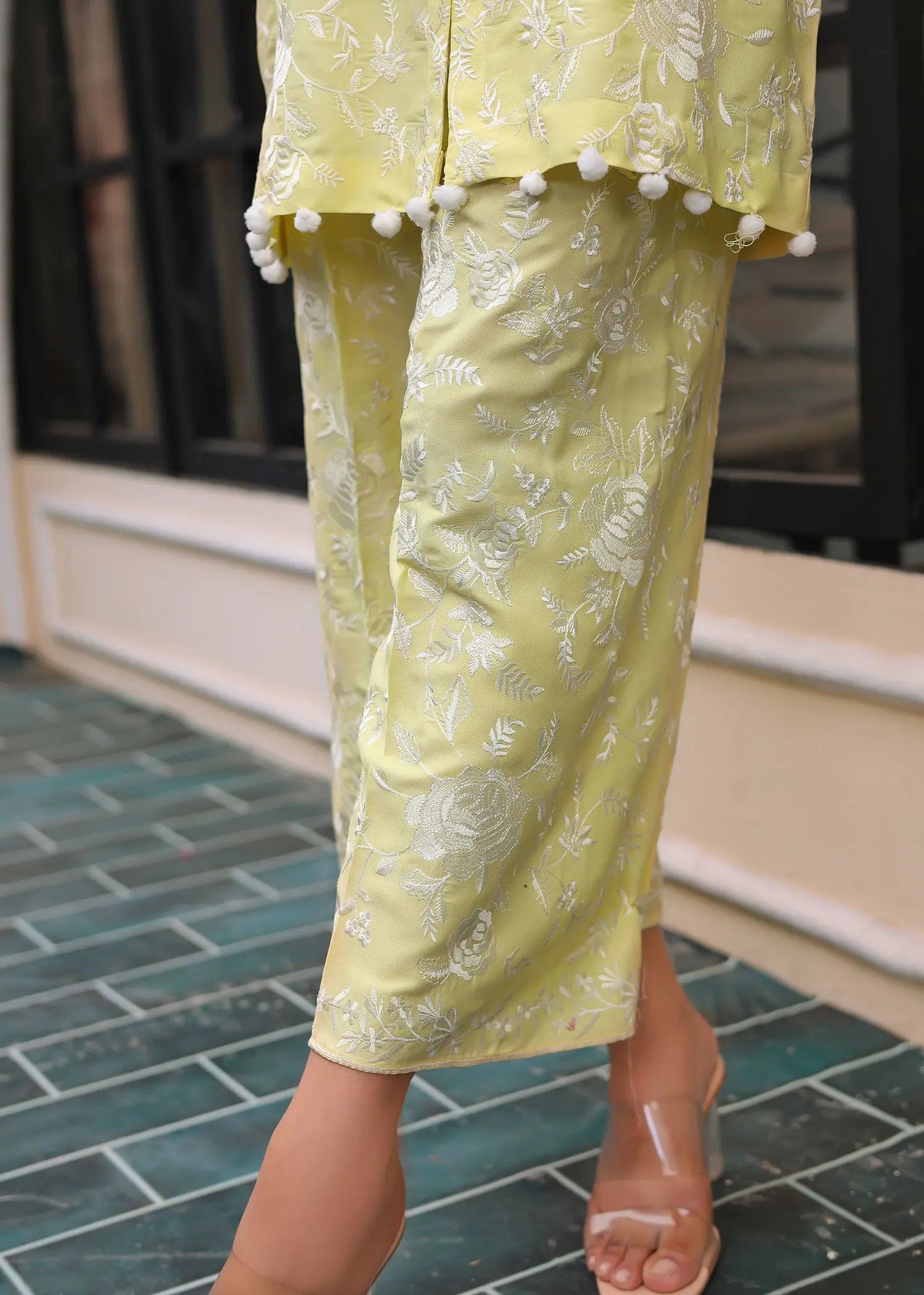 Pakistani Lemon Yellow Embroidered Georgette Salwar Kameez (2-Piece) - Image 6