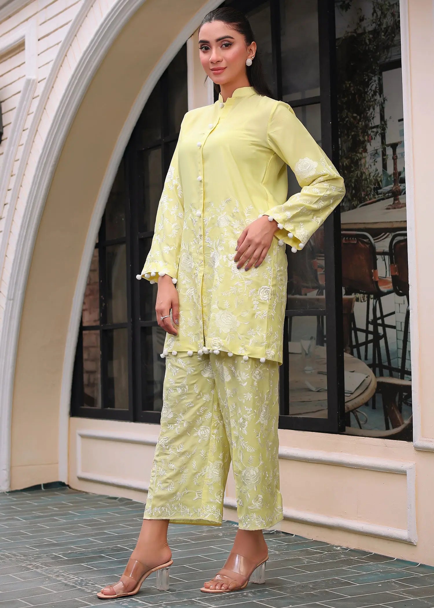 Pakistani Lemon Yellow Embroidered Georgette Salwar Kameez (2-Piece) - Image 7