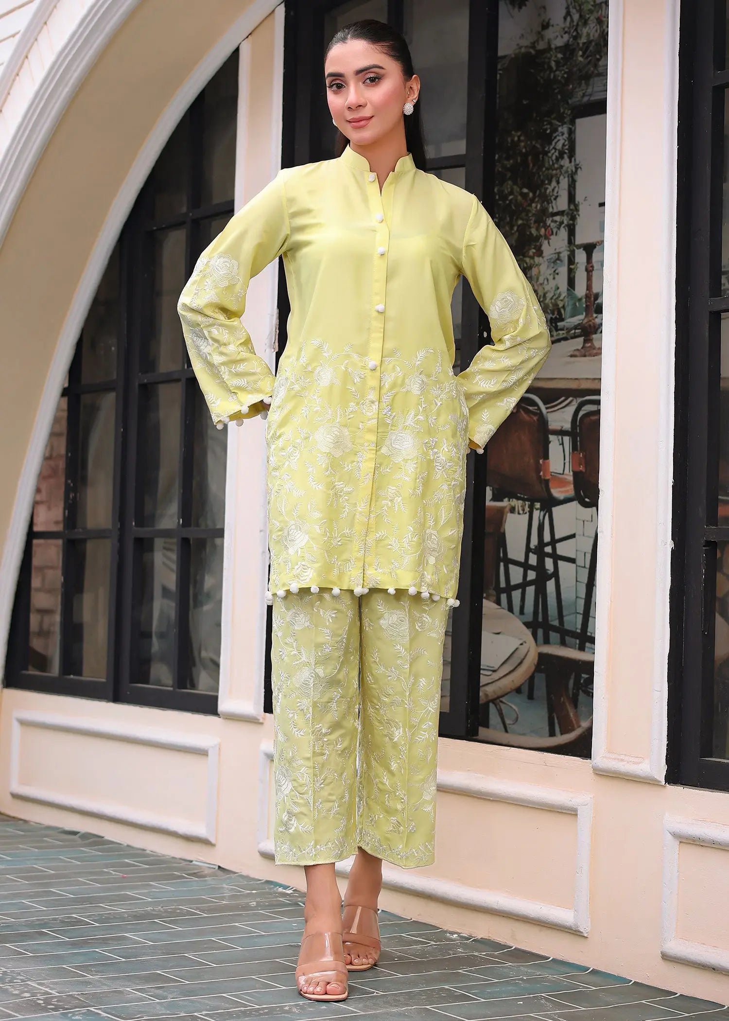 Pakistani Lemon Yellow Embroidered Georgette Salwar Kameez (2-Piece) - Image 8
