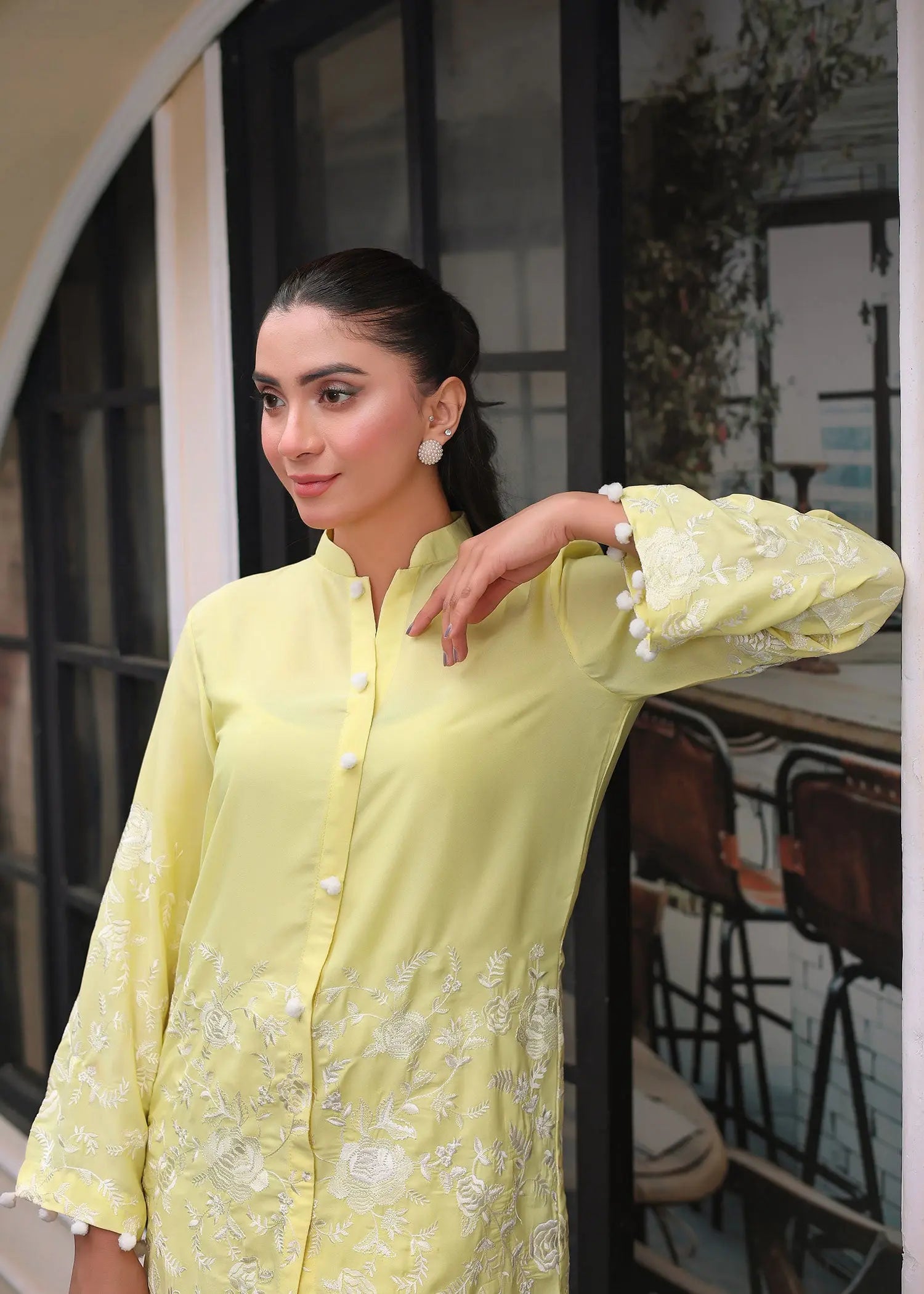 Pakistani Lemon Yellow Embroidered Georgette Salwar Kameez (2-Piece) - Image 9