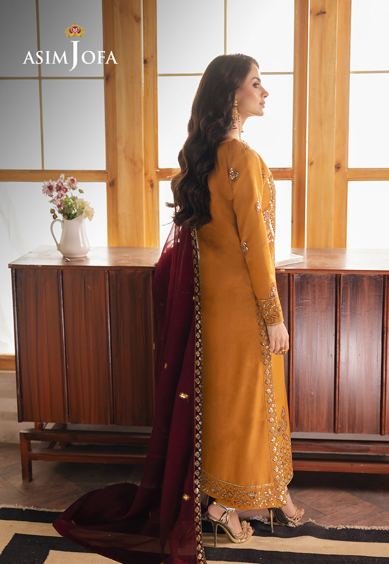 Pakistani Mustard Embroidered Jumbo Silk 3-Piece Suit - Image 2