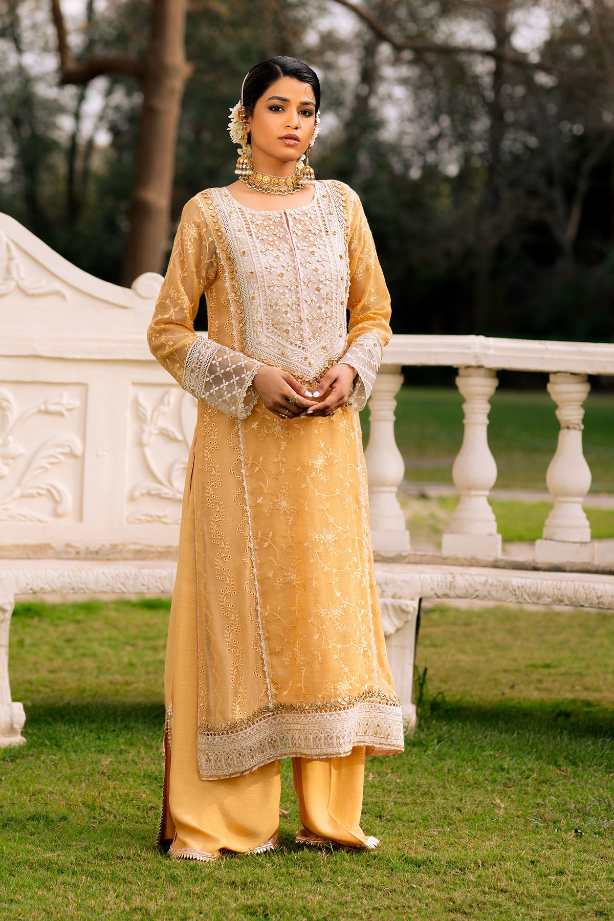 Yellow Embroidered Khaadi Net Long Shirt (2-Piece) - Image 1