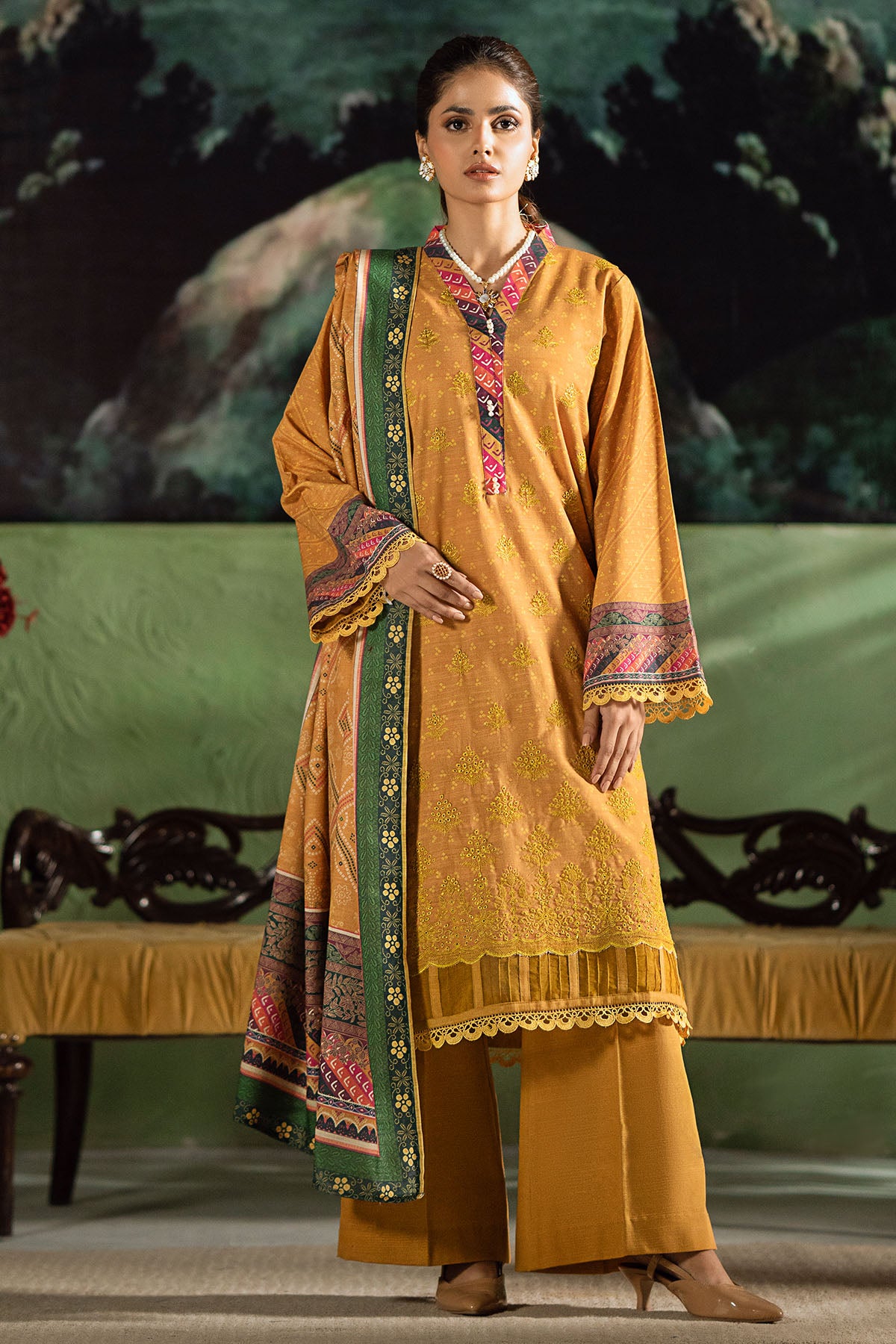 Pakistani Mustard Embroidered Khaddar Salwar Kameez (3-Piece) - Image 1