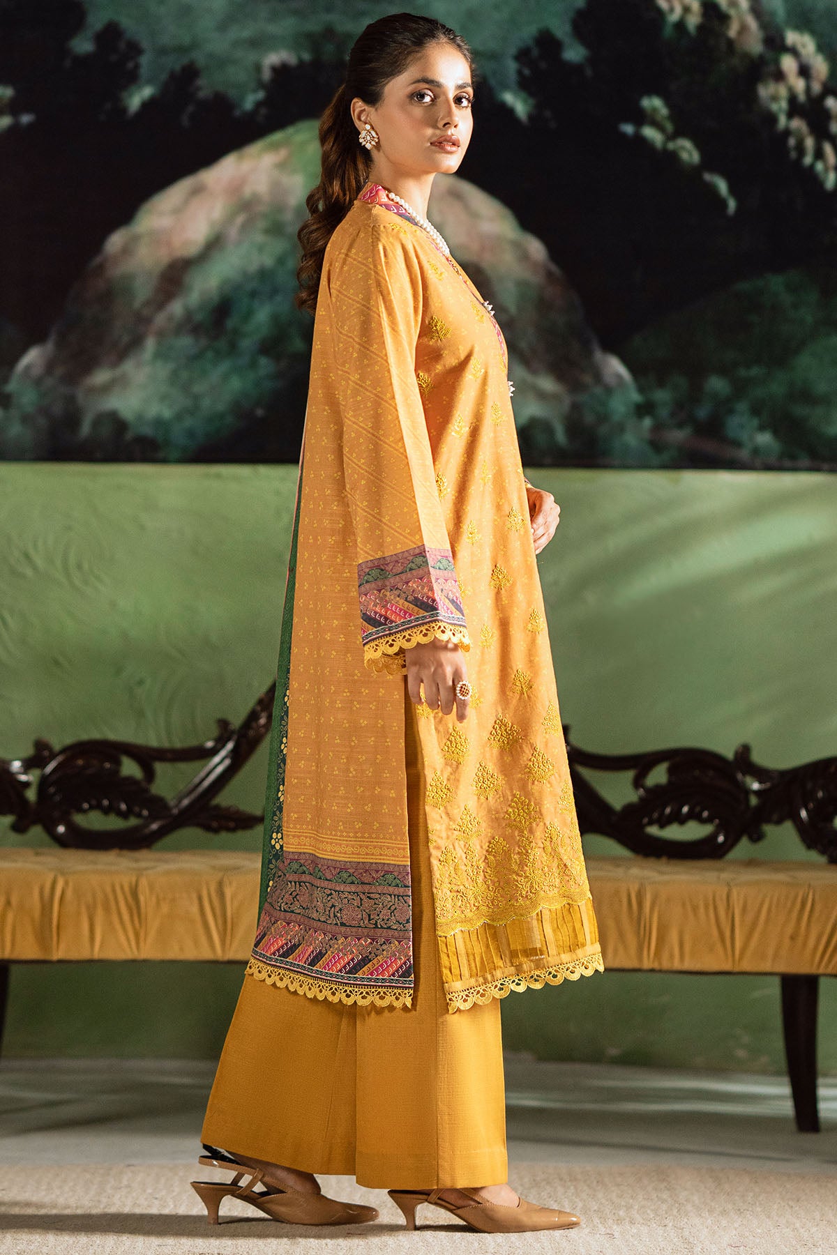 Pakistani Mustard Embroidered Khaddar Salwar Kameez (3-Piece) - Image 2
