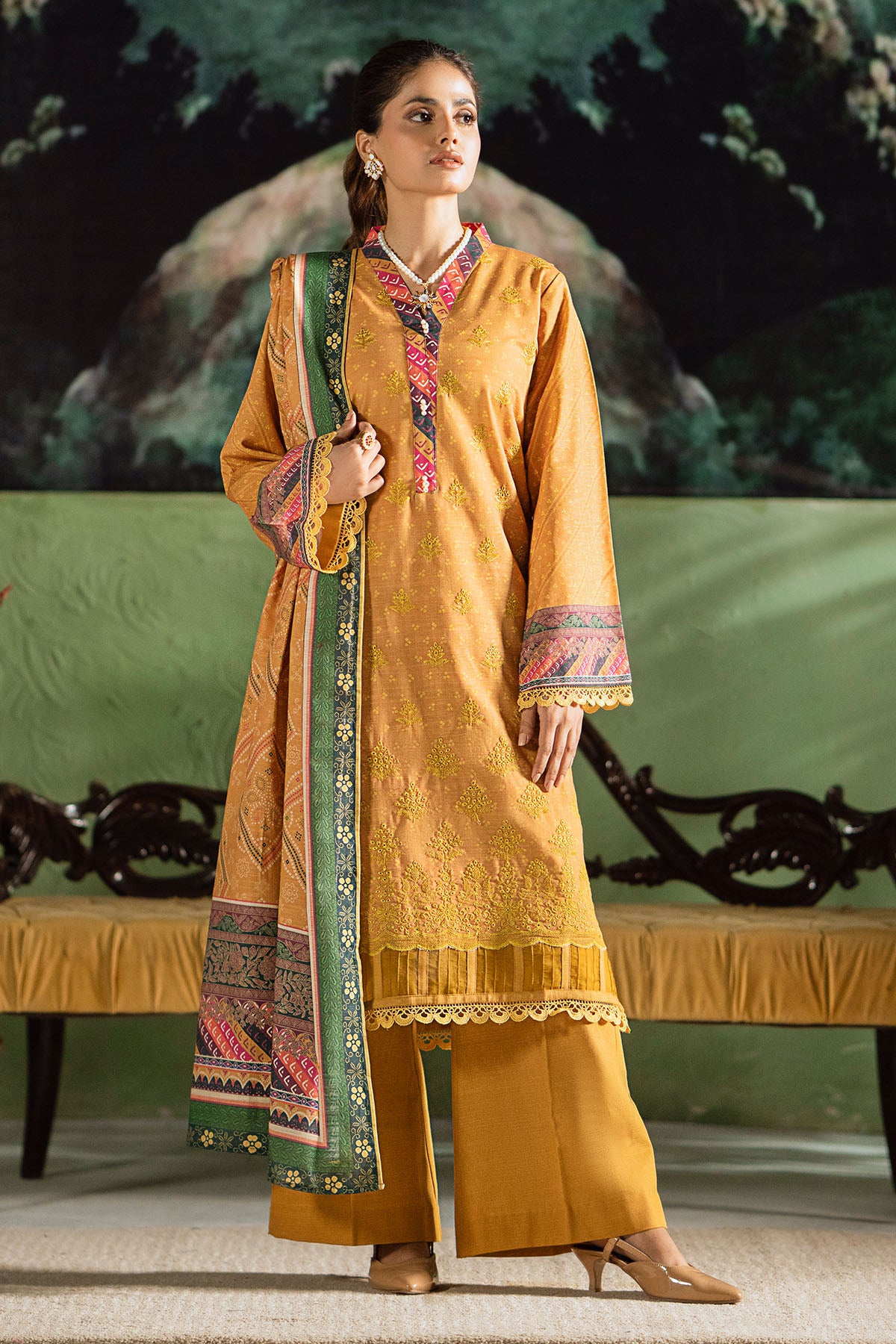 Pakistani Mustard Embroidered Khaddar Salwar Kameez (3-Piece) - Image 3