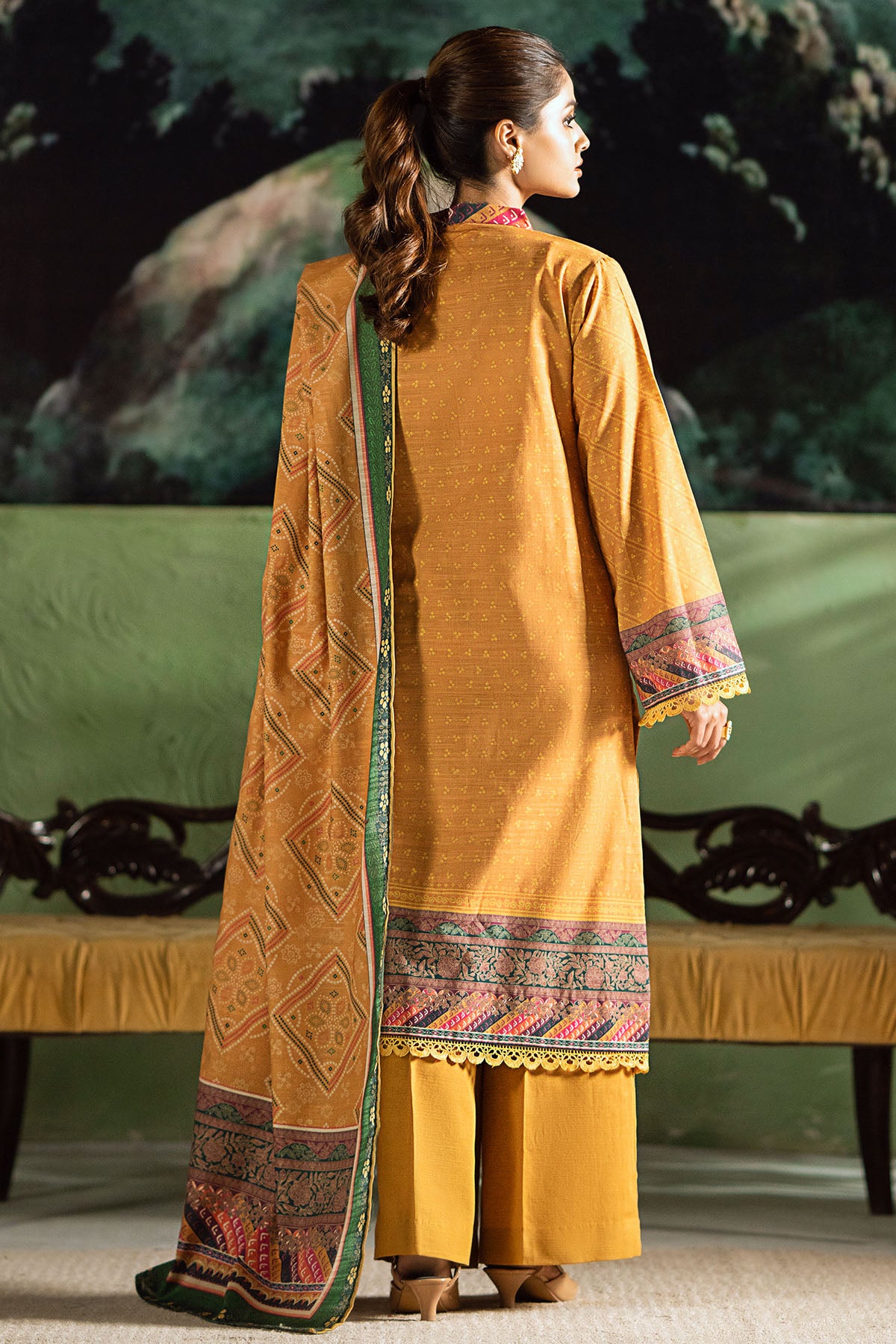 Pakistani Mustard Embroidered Khaddar Salwar Kameez (3-Piece) - Image 4