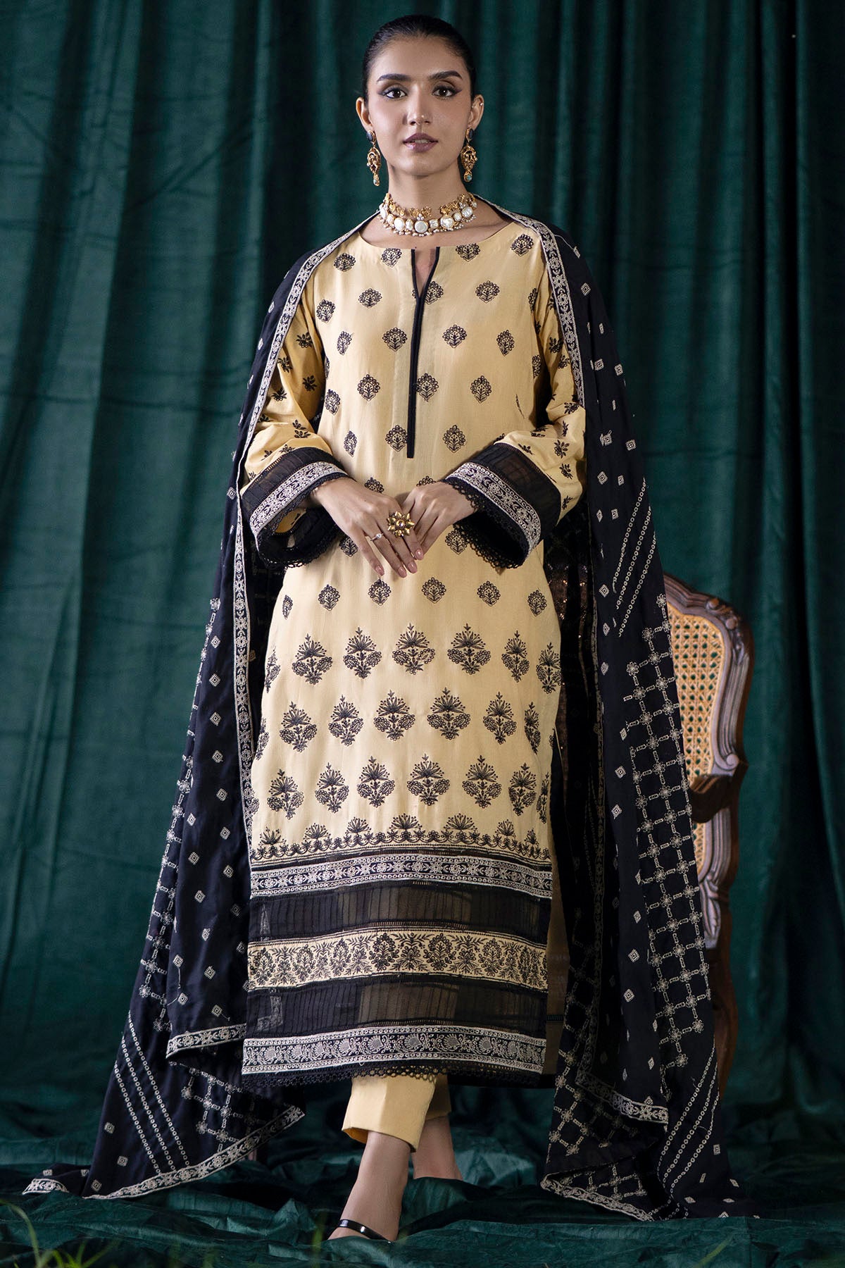 Pakistani Mustard & Black Schiffli Embroidered Khaddar Suit (3-Piece) - Image 1