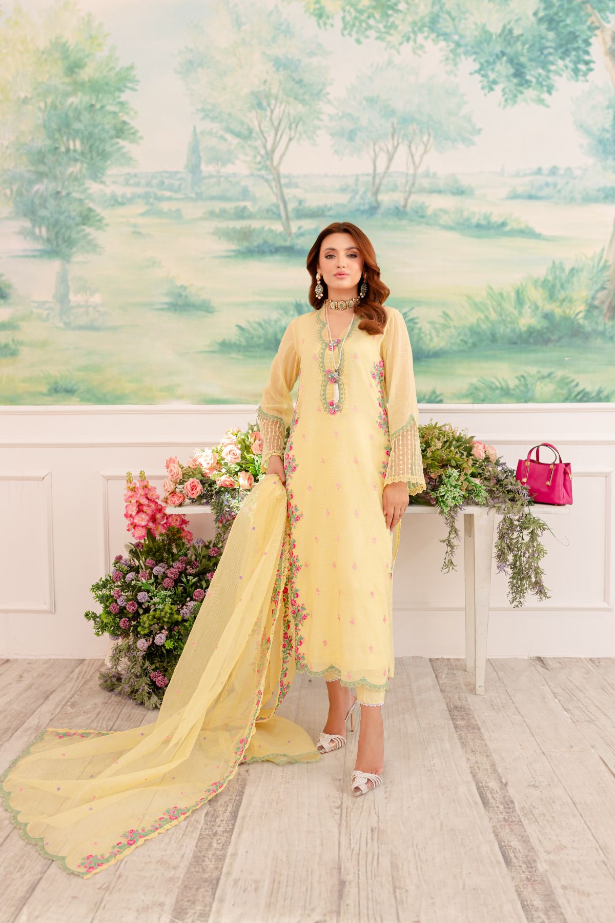 Pakistani Yellow Embroidered Khaddi Net & Raw Silk Salwar Kameez (4-Piece) - Image 1