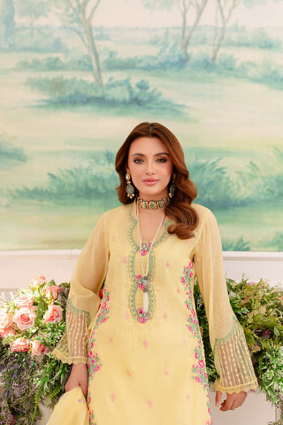 Pakistani Yellow Embroidered Khaddi Net & Raw Silk Salwar Kameez (4-Piece) - Image 3