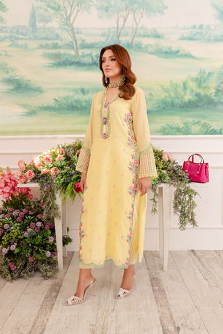 Pakistani Yellow Embroidered Khaddi Net & Raw Silk Salwar Kameez (4-Piece) - Image 4