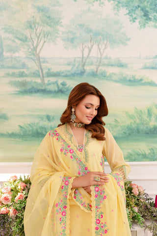 Pakistani Yellow Embroidered Khaddi Net & Raw Silk Salwar Kameez (4-Piece) - Image 6