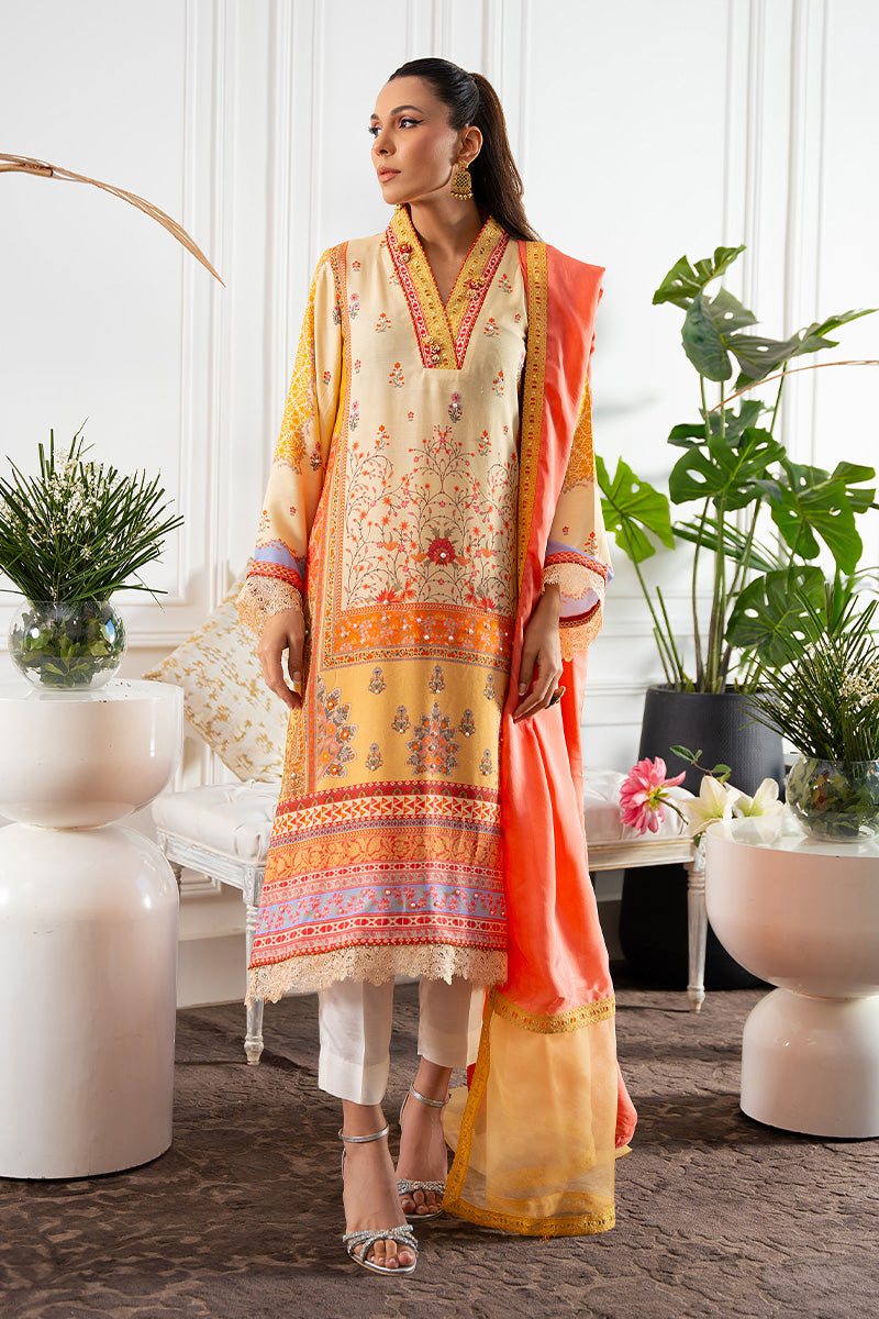 Pakistani Lemon Coral Pink Printed Khaddi Silk Salwar Kameez (3-Piece) - Image 1