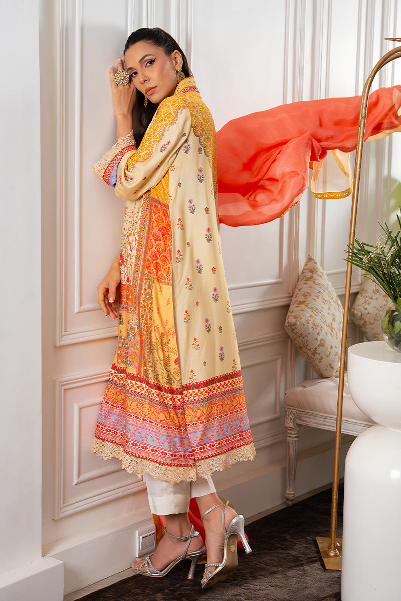 Pakistani Lemon Coral Pink Printed Khaddi Silk Salwar Kameez (3-Piece) - Image 3