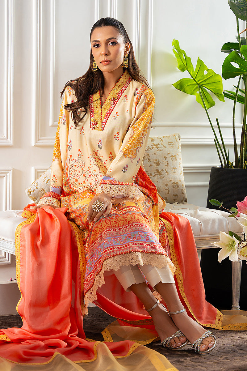 Pakistani Lemon Coral Pink Printed Khaddi Silk Salwar Kameez (3-Piece) - Image 4