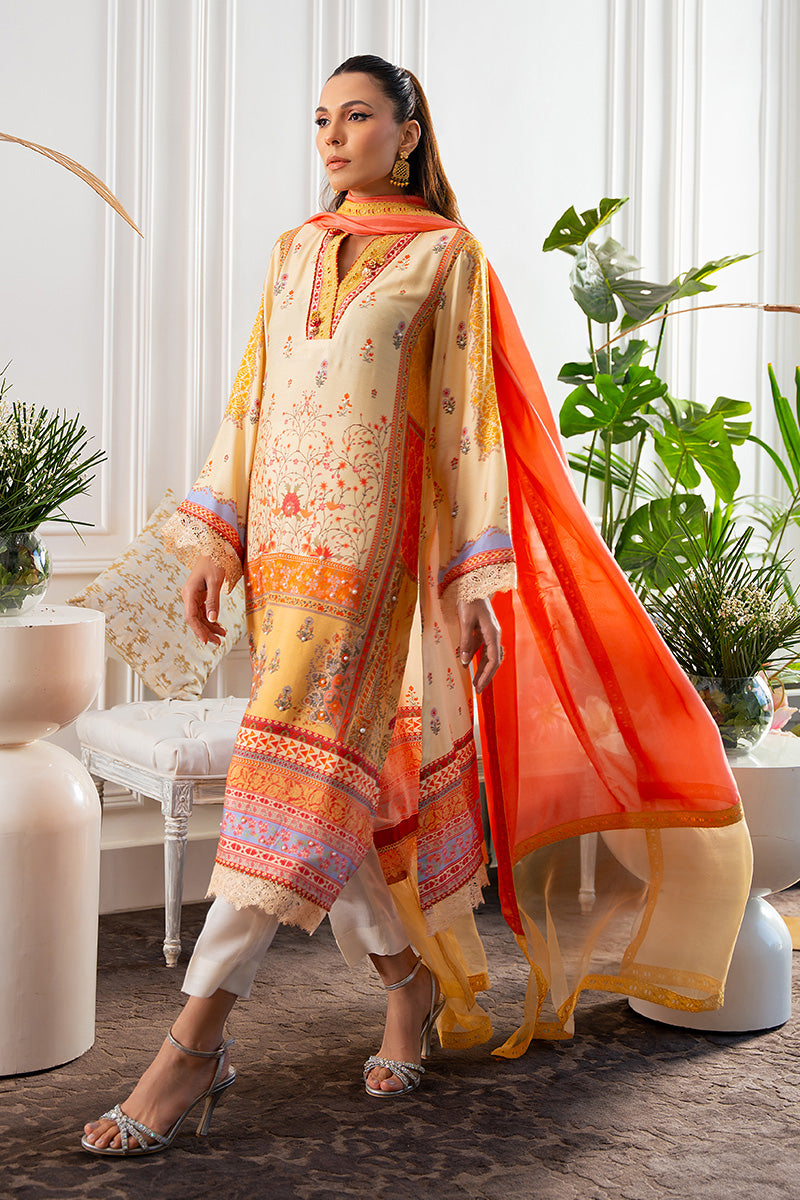 Pakistani Lemon Coral Pink Printed Khaddi Silk Salwar Kameez (3-Piece) - Image 7