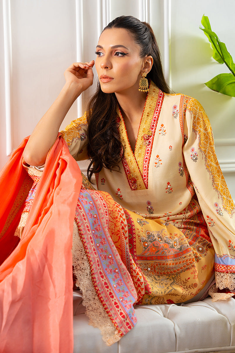 Pakistani Lemon Printed Khaddi Silk Shirt with Tissue Dupatta (2-Piece) - Image 6