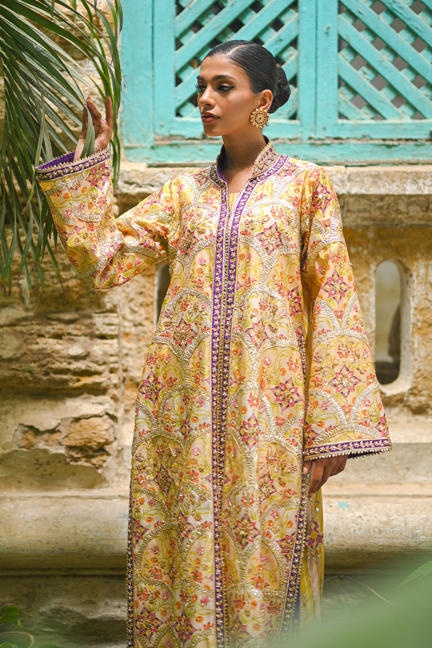 Pakistani Pastel Yellow Embroidered Khaddi Silk Jacket (2-Piece) - Image 2