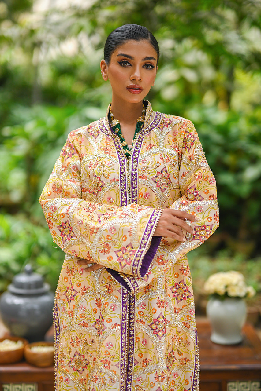 Pakistani Pastel Yellow Embroidered Khaddi Silk Jacket (2-Piece) - Image 3