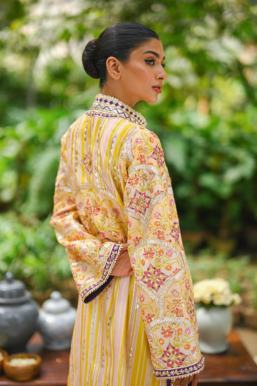 Pakistani Pastel Yellow Embroidered Khaddi Silk Jacket (2-Piece) - Image 4