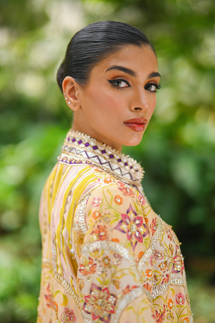 Pakistani Pastel Yellow Embroidered Khaddi Silk Jacket (2-Piece) - Image 5