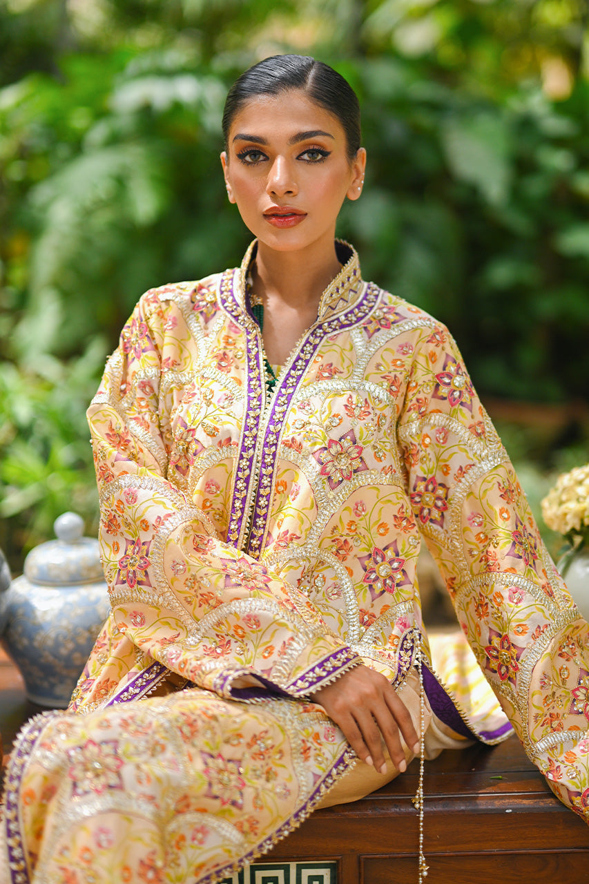 Pakistani Pastel Yellow Embroidered Khaddi Silk Jacket (2-Piece) - Image 6