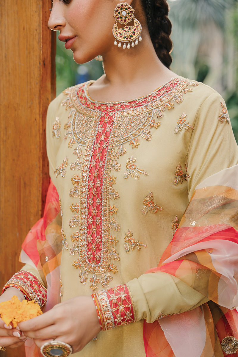 Pakistani Lime Yellow Zardozi Net & Silk Dhaka Set (3-Piece) - Image 1