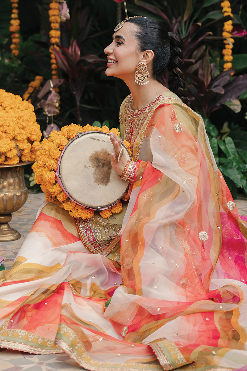 Pakistani Lime Yellow Zardozi Net & Silk Dhaka Set (3-Piece) - Image 4