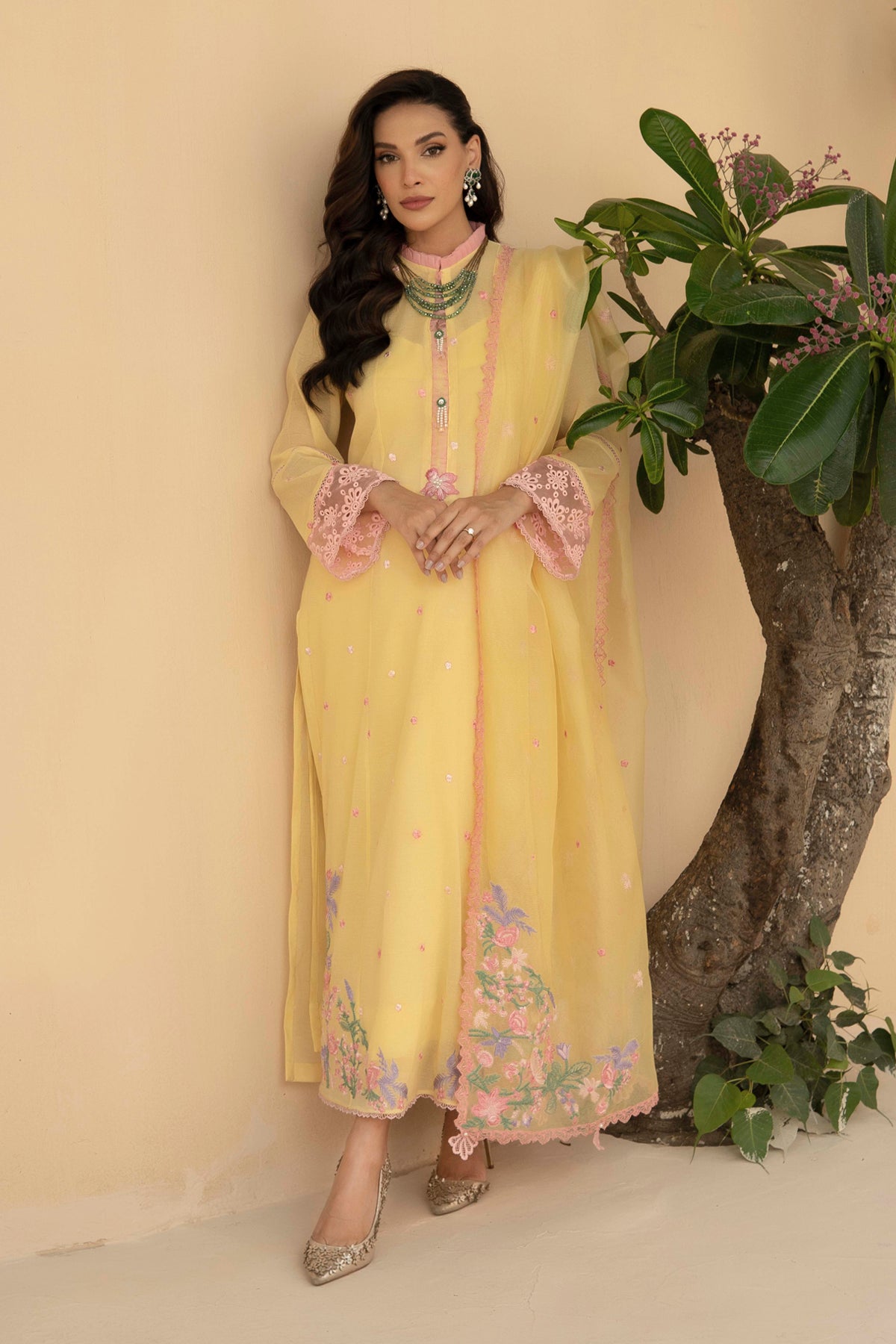 Lime Yellow Floral Embroidered Khadi Net Salwar Kameez (3-Piece) - Image 1
