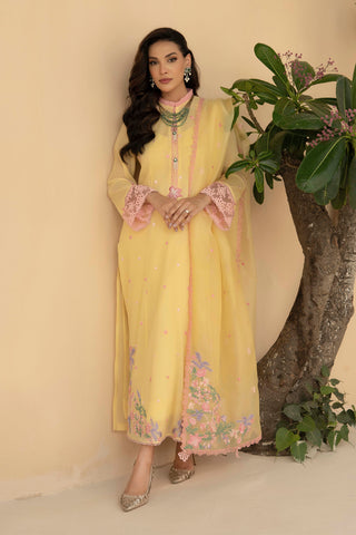 Lime Yellow Floral Embroidered Khadi Net Salwar Kameez (3-Piece) - Image 2