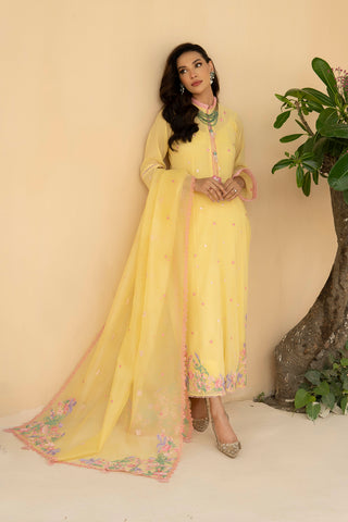 Lime Yellow Floral Embroidered Khadi Net Salwar Kameez (3-Piece) - Image 3