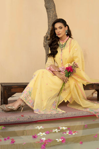 Lime Yellow Floral Embroidered Khadi Net Salwar Kameez (3-Piece) - Image 4