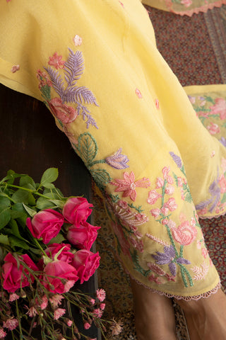 Lime Yellow Floral Embroidered Khadi Net Salwar Kameez (3-Piece) - Image 6
