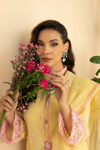 Lime Yellow Floral Embroidered Khadi Net Salwar Kameez (3-Piece) - Image 7