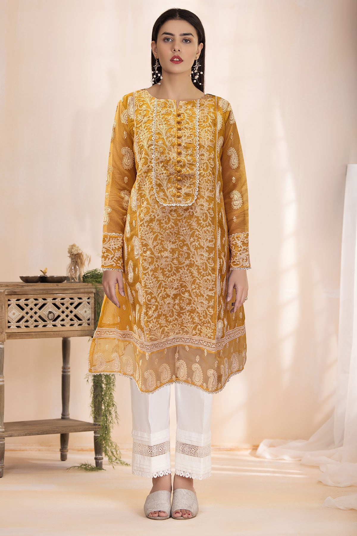 Pakistani Mustard Embroidered Khadi Net Long Shirt (1-Pc) - Image 1