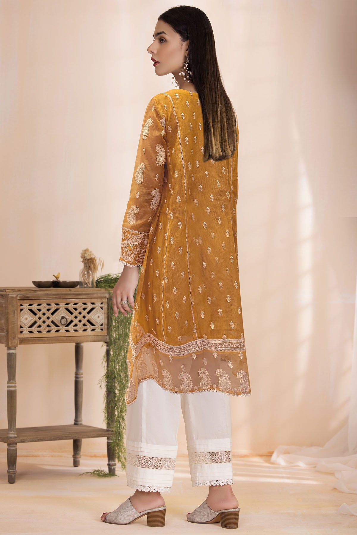 Pakistani Mustard Embroidered Khadi Net Long Shirt (1-Pc) - Image 2