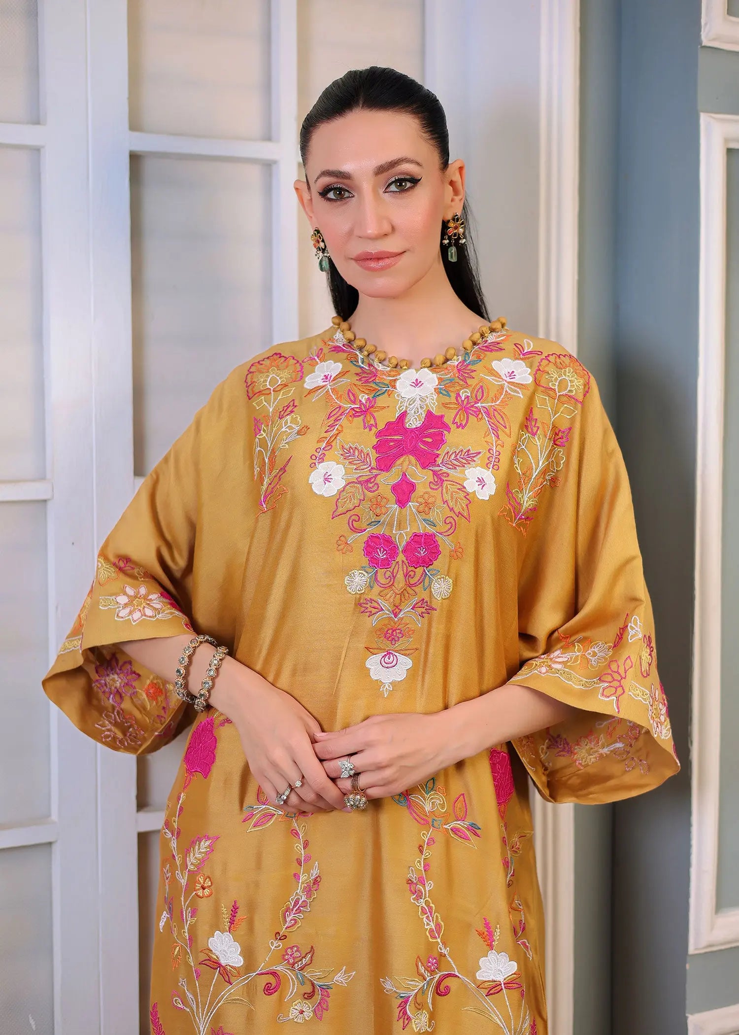 Pakistani Mustard Embroidered Khadi Silk Salwar Kameez (2-Piece) - Image 2