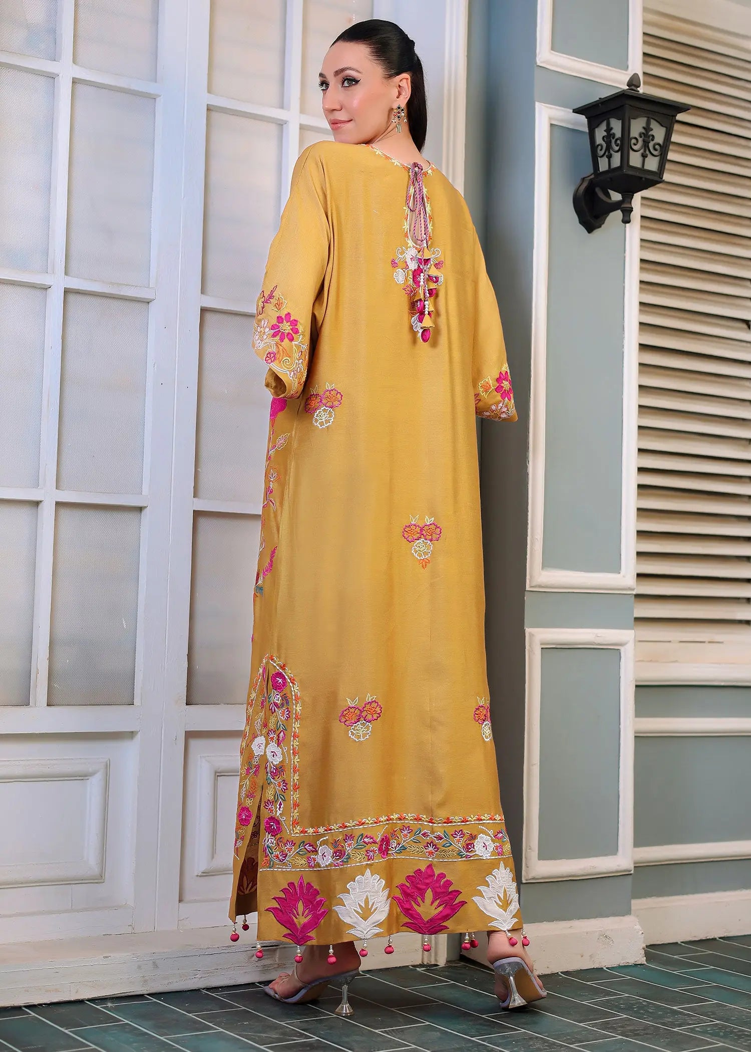 Pakistani Mustard Embroidered Khadi Silk Salwar Kameez (2-Piece) - Image 3